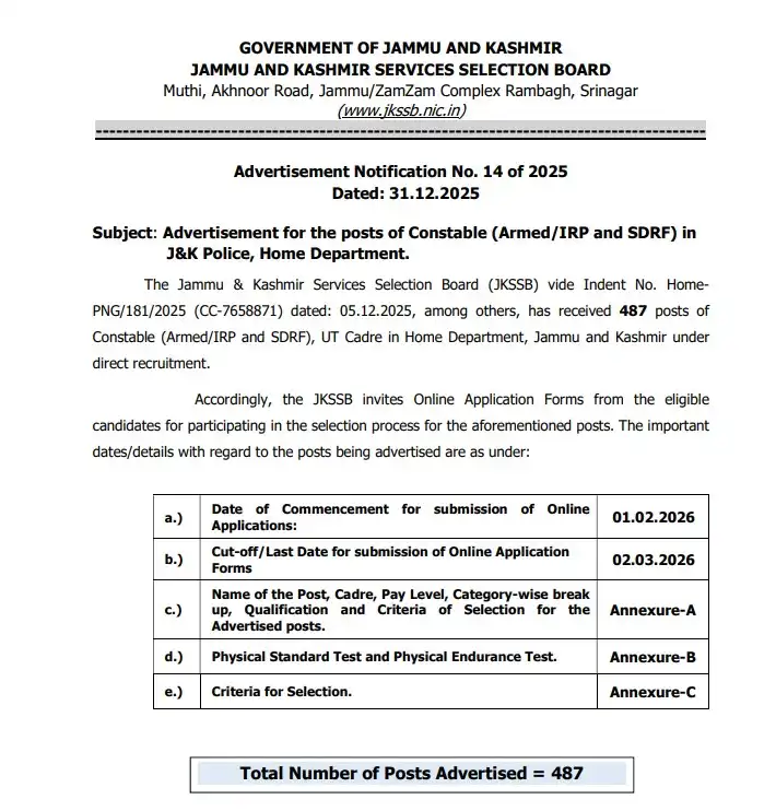 JKSSB Home Department Recruitment 2026: Apply Online
